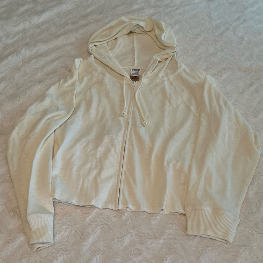 Victoria Secret Hoodie Womens Large Full Zip Cropped Ivory Long Sleeve New PINK